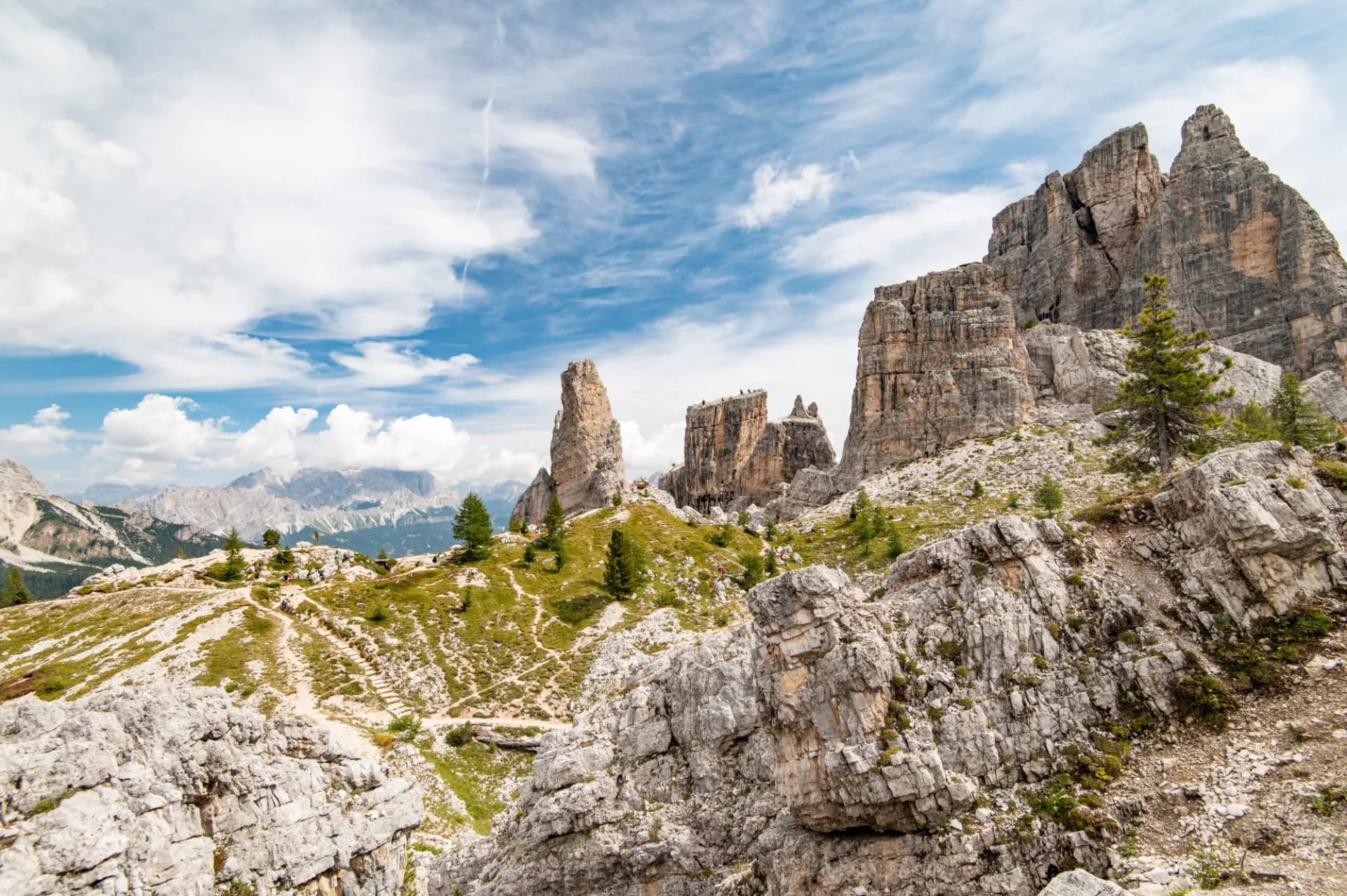 Panorama view of Cinque Torri, Torre Grande from Rifugio Scoiattoli (refuge). Dolomites, Trentino Alto Adige region, South Tyrol, Italy, Europe.