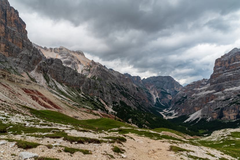 Val Travenanzes valley with peaks around from Forcella Travenanzes in the Dolomites
