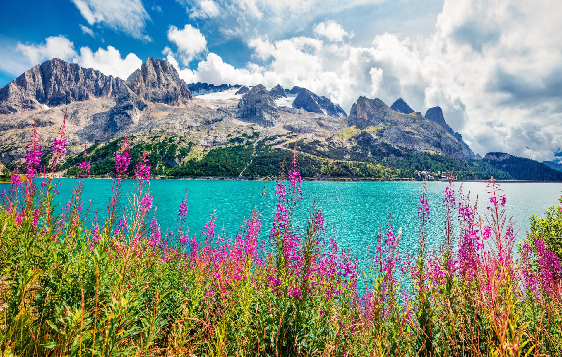 Attractive morning view of Fedaia lake. Spectacular summer scene of Dolomiti Alps, Gran Poz location, Trentino-Alto Adige/Sudtirol region, Italy, Europe. Beauty of nature concept background.