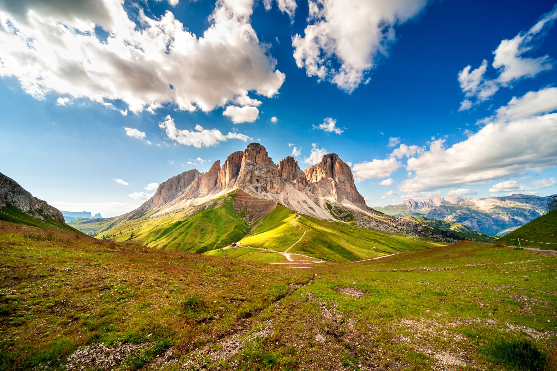 Langkofel - Sassolungo group seen from Col Rodella. Dolomites, Val di Fassa, Trentino Alto Adige, Italy