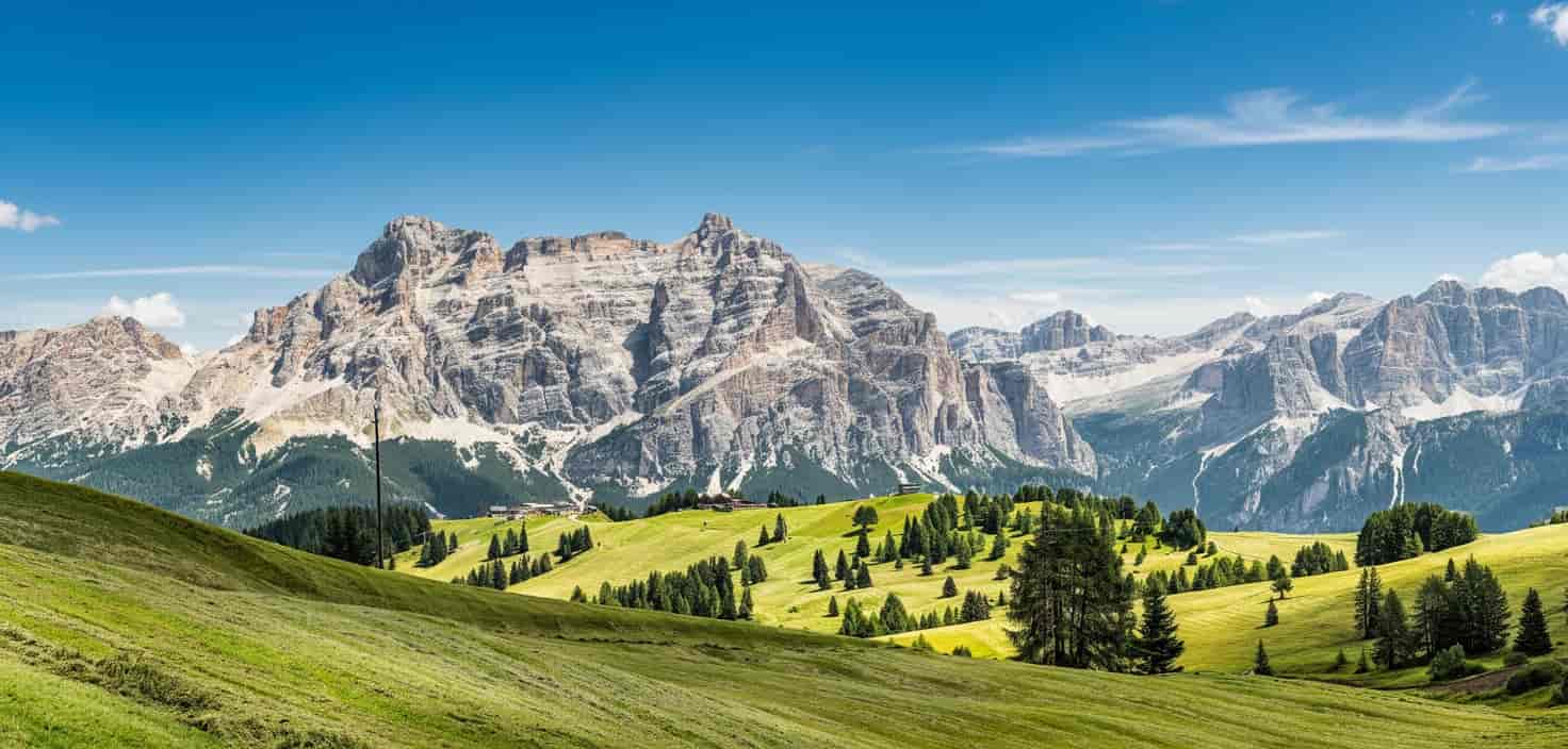 wide panorama of alta badia region on summer in northern italy