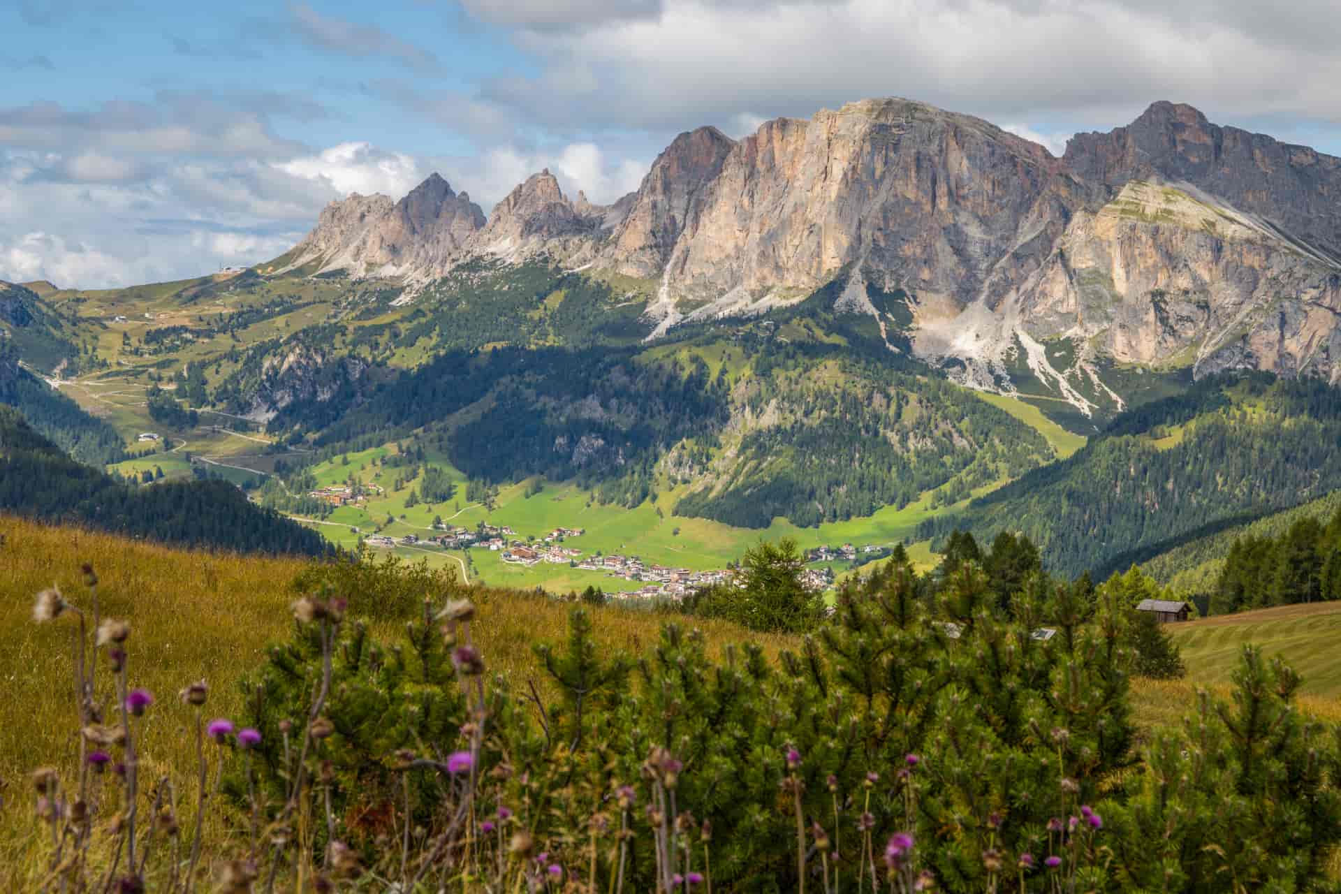 Aerial view of Colfosco in High Badia Valley, South Tyrol, Bolzano province, Italy