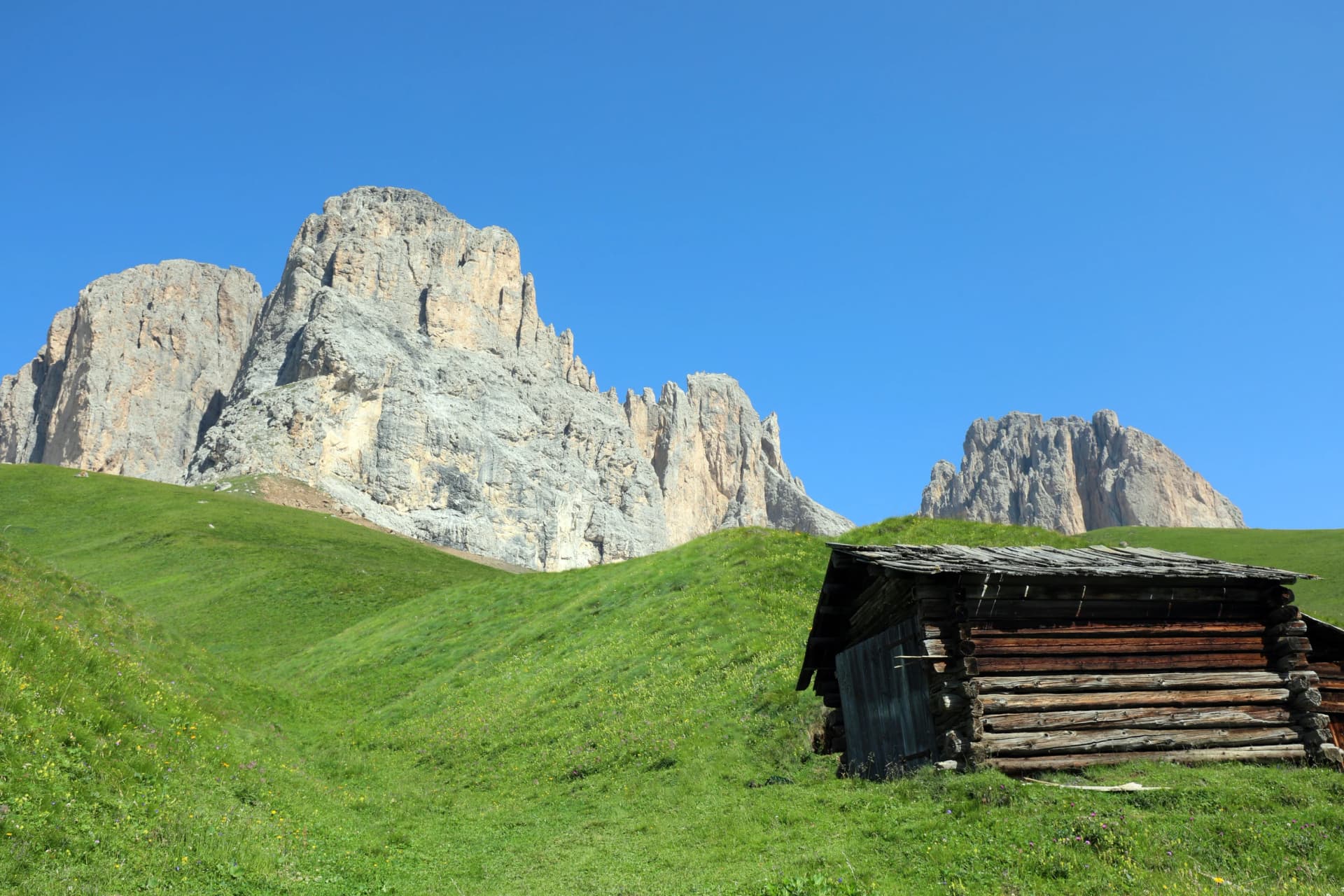 view of the European Alps with the rock faces and the hut called TABIA in ladin dialet language in the middle of the meadow